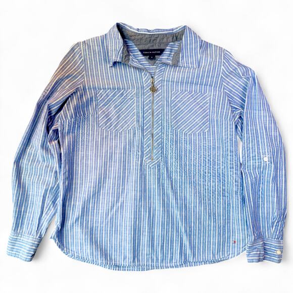Tommy Hilfiger Half Zip Roll Tab Preppy Blue Stripe Logo Blouse Coastal Womens M - Picture 3 of 5